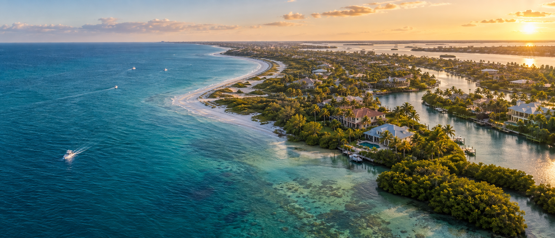 Aerial view of a Southwest Florida barrier island, Gulf shoreline, and waterfront homes