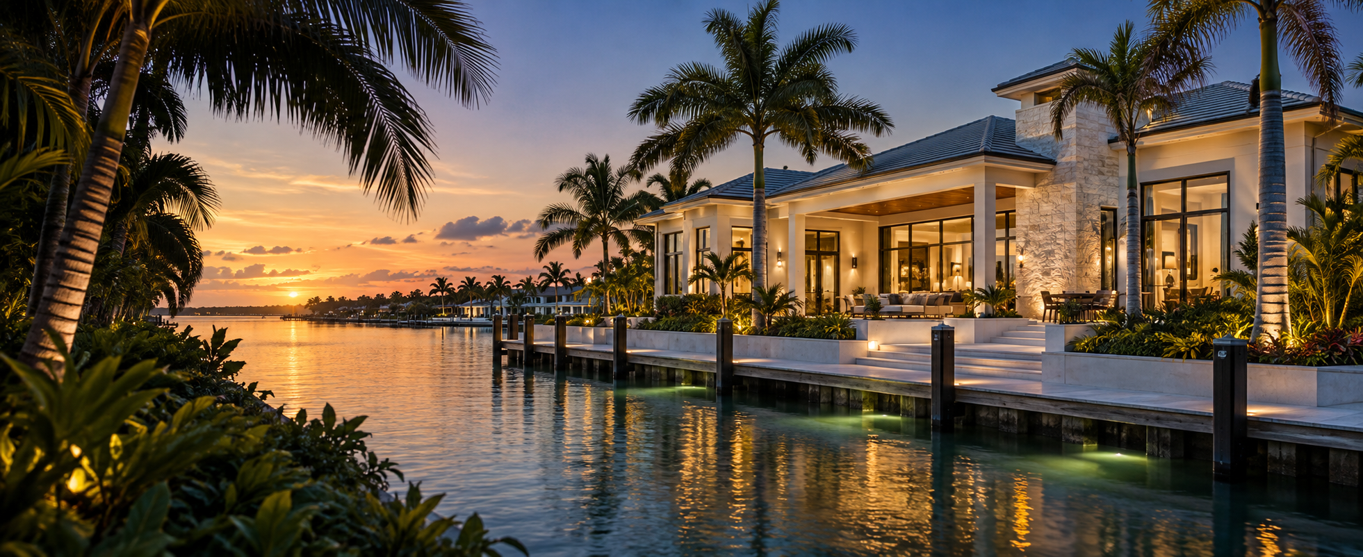 Southwest Florida waterfront home with palms at sunset