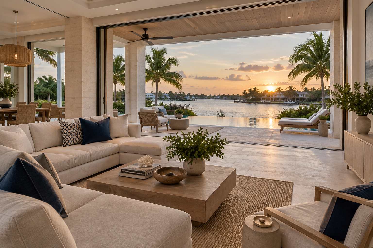 Elegant indoor-outdoor waterfront living space at sunset